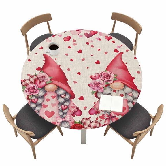 Valentine's Day Round Fitted Tablecloth with Elastic Edge Sweet Gnome Couple Pink Love Heart Rose Flower Linen Texture Table Cover Fit for 36"-44" Tables Tablecloths for Dinner Camping Picnic