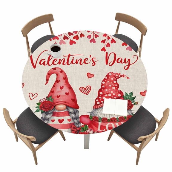 Valentine's Day Round Fitted Tablecloth with Elastic Edge Sweet Gnome Couple Red Love Heart Roses Floral Linen Texture Table Cover Fit for 36"-44" Tables Tablecloths for Dinner Camping Picnic