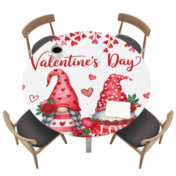 Valentine's Day Round Fitted Tablecloth with Elastic Edge Sweet Gnome Couple Red Love Heart Roses Floral Table Cover Fit for 36"-44" Tables Waterproof Tablecloths for Dinner Camping Picnic