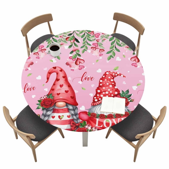 Valentine's Day Round Fitted Tablecloth with Elastic Edge Sweet Gnome Couple Red Roses Floral Love Gradient Heart Pink Table Cover Fit for 36"-44" Tables Tablecloths for Dinner Camping Picnic