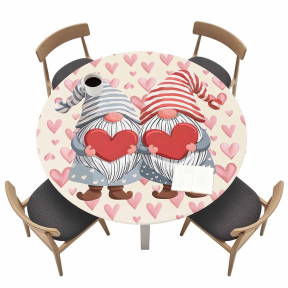 Valentine's Day Round Fitted Tablecloth with Elastic Edge Sweet Gnome Couple Watercolor Pink Love Heart Beige Background Table Cover Fit for 36"-44" Tables Waterproof Tablecloths for Dinner Picnic