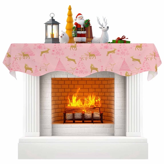 Pink Christmas Mantel Scarf, Pine Trees Winter Gold Reindeer Fireplace Scarf Cover Fireplace Scarf Top Runner for Indoor Holiday Party Christmas Decorations, 17x60inch