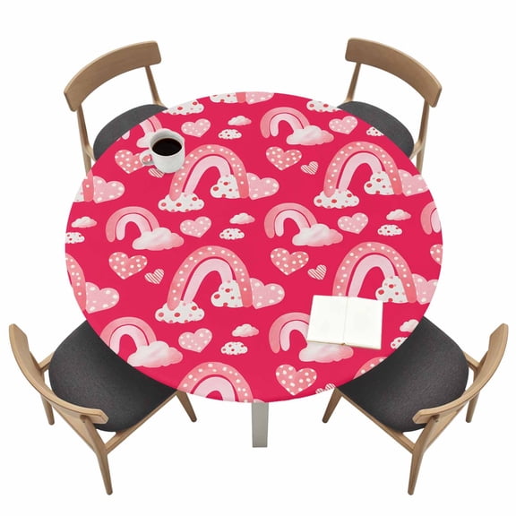 Valentine's Day Round Fitted Tablecloth with Elastic Edge Watercolor Spring Pink Rainbow Cloud Love Heart Rose Red Table Cover Fit for 55"-60" Tables Waterproof Tablecloths for Dinner Camping Picnic