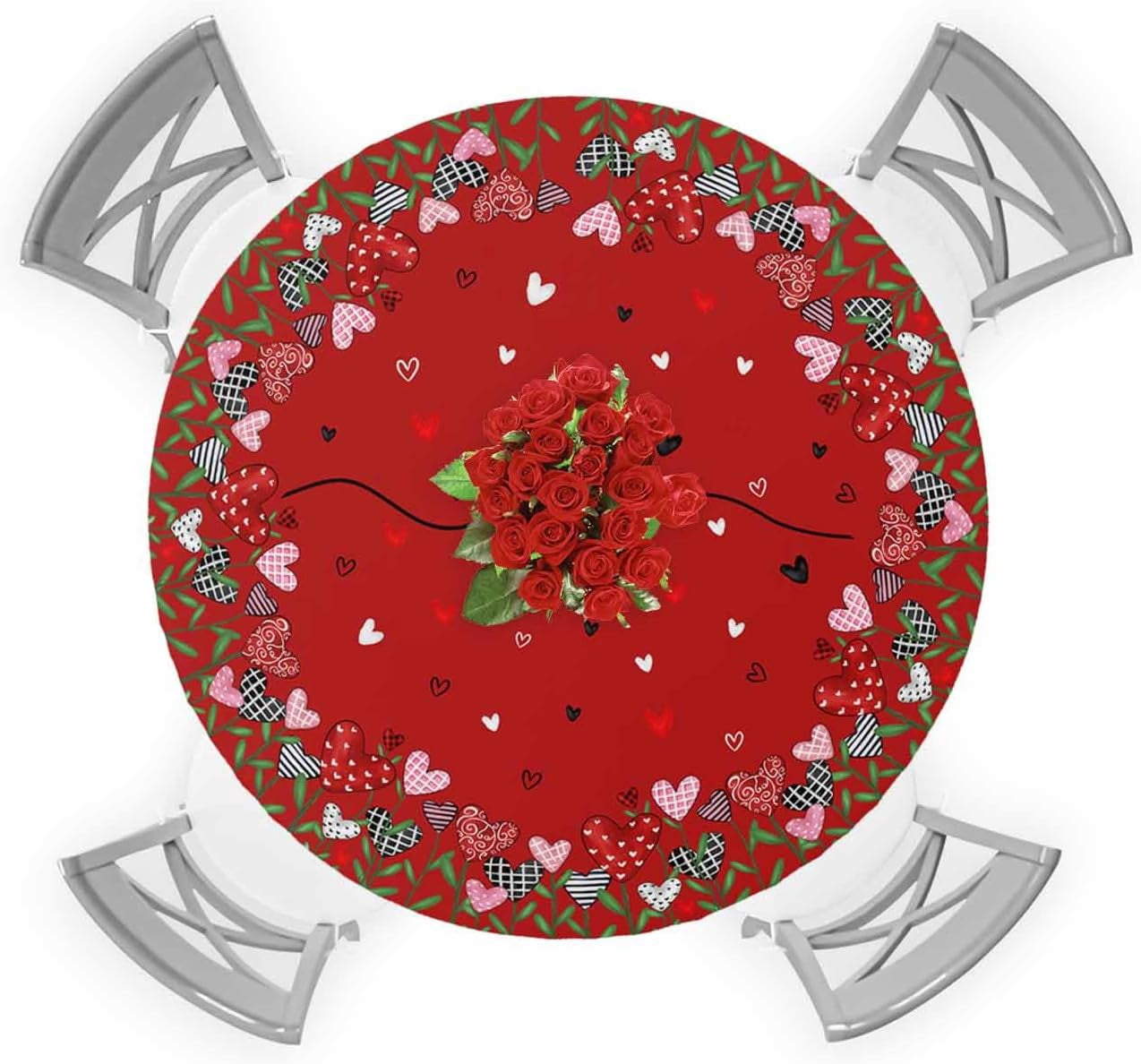 Valentine''s Day Round Fitted Tablecloth Elastic Edged Table Cover,Love Heart on Red Waterproof Wipeable Table Cloths for Kitchen Dining Party Fit up 45-52in Tables,Romantic Hearts Leaves