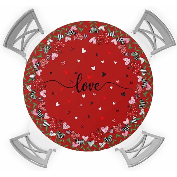 Valentine''s Day Round Fitted Tablecloth Pink Red Love Heart Flowers Pink Texture Elastic Table Cloth Waterproof Oil Proof Spring Table Cover Fits 36"-44" Round Tables for Party Picnic Dinner Decor