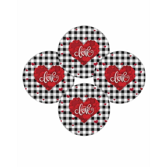 Valentine's Day Round Placemats Set of 4 Love Heart Place Mats Washable Woven Placemat Rose Petals Black Buffalo Plaid Circle Braided Table Mat for Kitchen Dining Table Wedding Party Decor 15 Inch