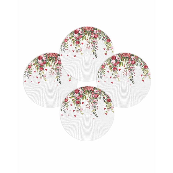 Valentine's Day Round Placemats Set of 4 Pink Red Rose Place Mats Washable Woven Placemat Love Heart Floral Tree Branch Circle Braided Table Mat for Kitchen Dining Table Wedding Party Decor 15 Inch