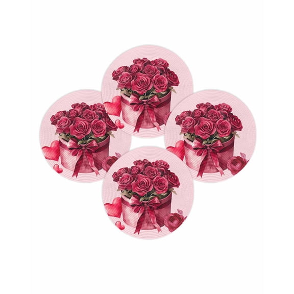 Valentine's Day Round Placemats Set of 4 Rose Bouquet Place Mats Washable Woven Placemat Bow Love Heart Pink Circle Braided Table Mat for Kitchen Dining Table Wedding Party Home Decor 15 Inch