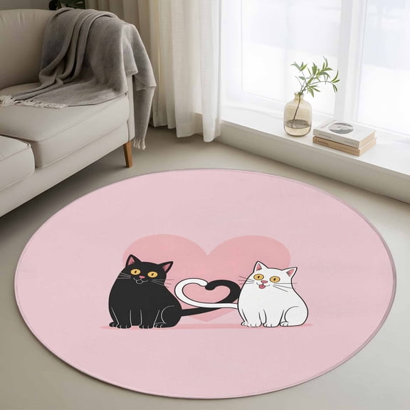 Valentine's Day Round Rug 3ft Washable Circle Entryway Rugs Non Slip Pink Love Heart Cats Modern Art Area Rug Indoor Floor Carpet for Bedroom Kitchen Living Room Home Office Dining Room Nursery