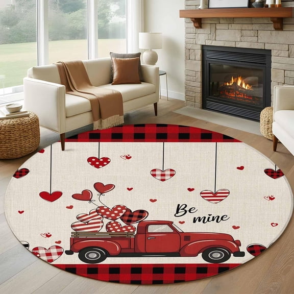 Valentine''s Day Round Rugs 6ft Washable Red Truck Love Red Black Plaid Circle Area Rug Non Slip Indoor Carpet Absorbent Floor Mat for Living Room Bedroom Dining Room