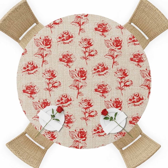 Valentine's Day Round Table Cover, Bright Red Rose Floral Leaf Plant Cotton Linen Texture Waterproof Fitted Tablecloths for 36"-44" Tables, Washable Picnic Table Cover for Camping Dining Indoor
