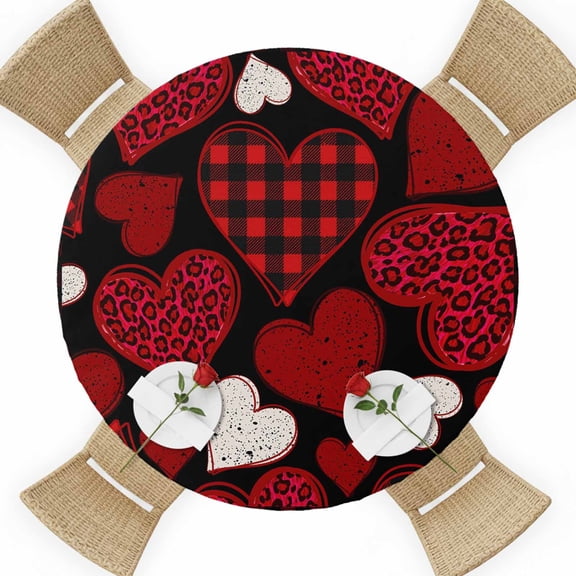 Valentine's Day Round Table Cover, Dark Red Love Heart Plaid Black Background Waterproof Fitted Tablecloths for 36"-44" Tables, Washable Picnic Table Cover for Camping Dining Indoor Outdoor