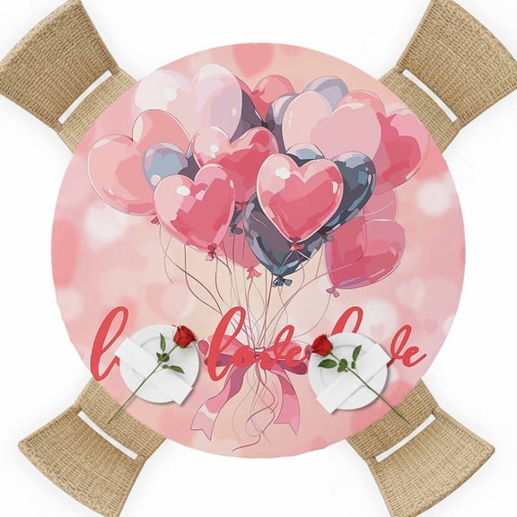 Valentine's Day Round Table Cover, Love Heart Balloons Pink Ombre Waterproof Fitted Tablecloths for 36"-44" Tables, Washable Picnic Table Cover for Camping Dining Indoor Outdoor