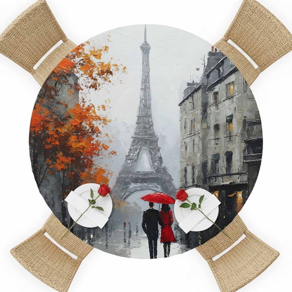 Valentine's Day Round Table Cover, Rainy Couple under Red Umbrella Paris Eiffel Tower Maple Leaf Waterproof Fitted Tablecloths for 36"-44" Tables, Washable Picnic Table Cover for Dining Indoor