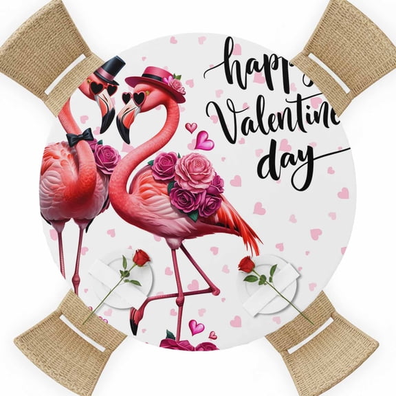Valentine's Day Round Table Cover, Romantic Flamingo Couple Pink Love Heart Roses Floral Waterproof Fitted Tablecloths for 36"-44" Tables, Washable Picnic Table Cover for Camping Dining Indoor