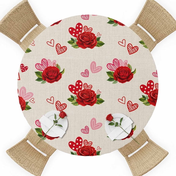 Valentine's Day Round Table Cover, Romantic Red Roses Floral Pink Red Love Heart Linen Texture Waterproof Fitted Tablecloths for 36"-44" Tables, Washable Picnic Table Cover for Camping Dining Indoor