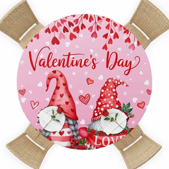 Valentine's Day Round Table Cover, Sweet Gnome Couple Red Love Heart Roses Floral Gradient Pink Waterproof Fitted Tablecloths for 36"-44" Tables, Washable Picnic Table Cover for Camping Dining Indoor