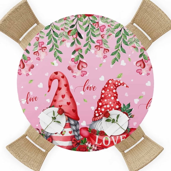 Valentine's Day Round Table Cover, Sweet Gnome Couple Red Roses Floral Love Gradient Heart Pink Waterproof Fitted Tablecloths for 36"-44" Tables, Washable Picnic Table Cover for Camping Dining Indoor