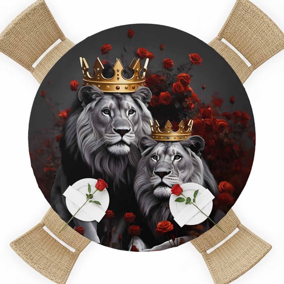 Valentine's Day Round Table Cover, Wild Lion Couple Gold King Queen Red Rose Floral Grey Waterproof Fitted Tablecloths for 36"-44" Tables, Washable Picnic Table Cover for Camping Dining Indoor