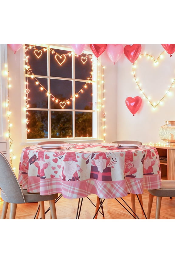 Valentines Day Round Tablecloth 152cm x 152cm, Pink Gnome & Heart Print, Romantic Party Table Cover
