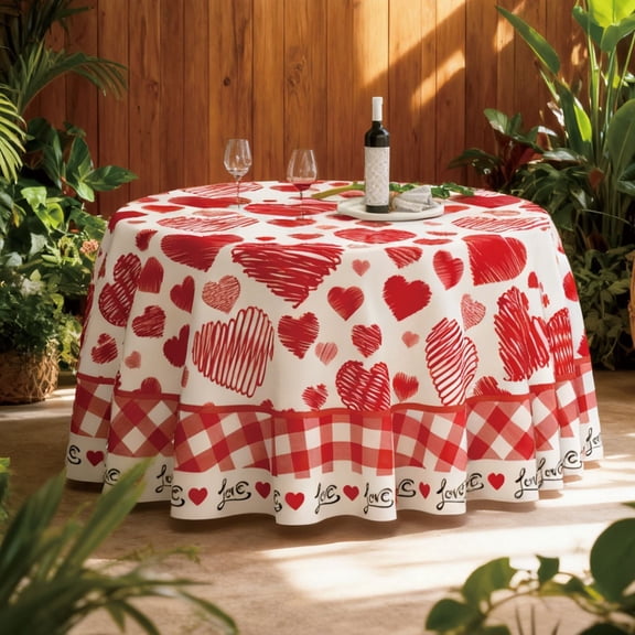 Valentines Day Round Tablecloth 152cm x 152cm, Red Heart & Gingham Print, Romantic Party Table Cover