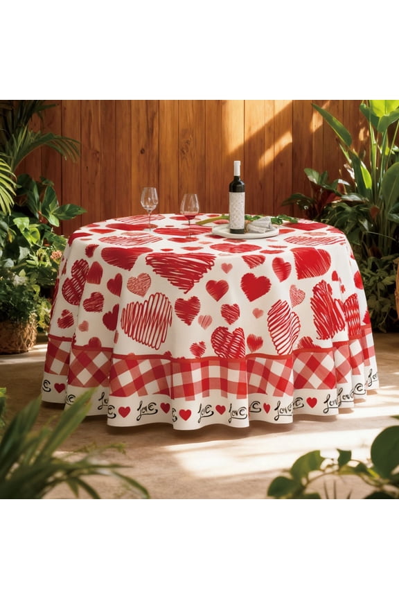 Valentines Day Round Tablecloth 152cm x 152cm, Red Heart & Gingham Print, Romantic Party Table Cover