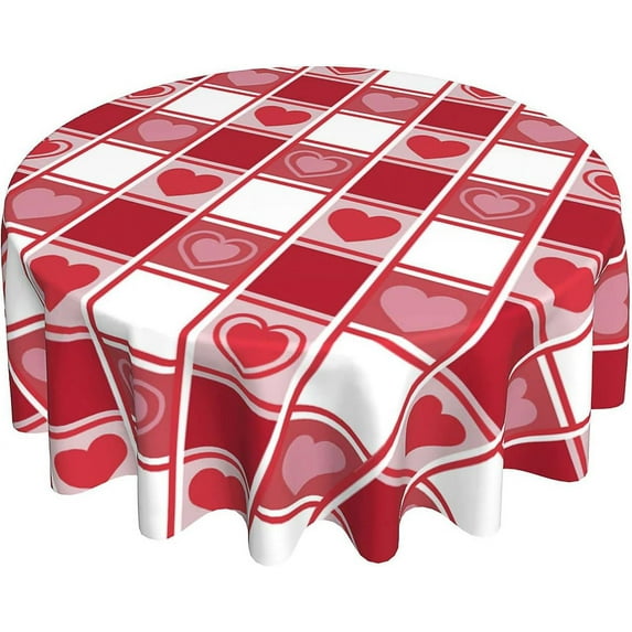 Valentine''s Day Round Tablecloth 60 Inch, Checkered Love Hearts Tablecloths Stain Resistance Polyester Table Cloth for Holiday Parties Kitchen Dining Indoor Outdoor