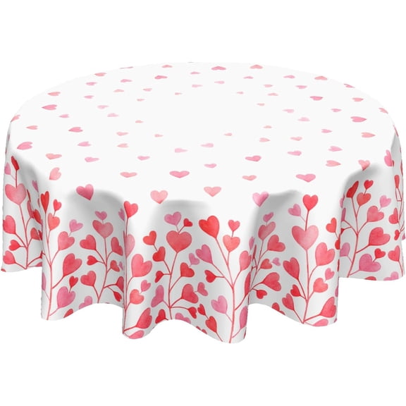 Valentine''s Day Round Tablecloth 60 Inch Heart Pattern Circle Table Cloth Pink and White Table Cover Washable Polyester Indoor Decorations for Home Kitchen Dinning Party