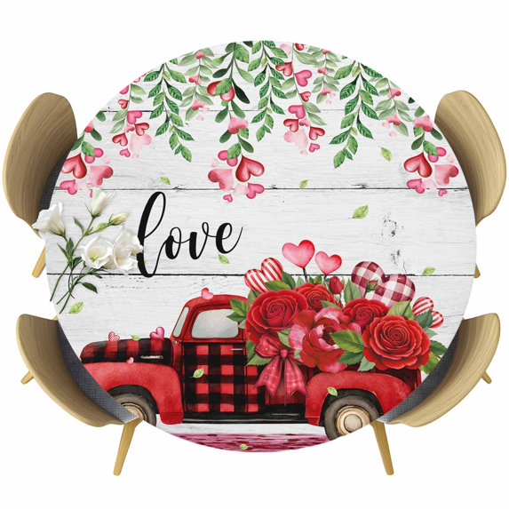 Valentine's Day Round Tablecloth, Fitted Table Cover with Elastic for 36"-44" Round Tables, Red Plaid Truck Roses Love Leaves Wood Table Cloth Outdoor Indoor Dinning Party Waterproof Tablecloths