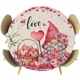 thumbnail image 1 of Valentine's Day Round Tablecloth, Fitted Table Cover with Elastic for 45"-54" Round Tables, Pink Gnomes Love Roses Sweet Beige Table Cloth Outdoor Indoor Dinning Party Waterproof Tablecloths, 1 of 7