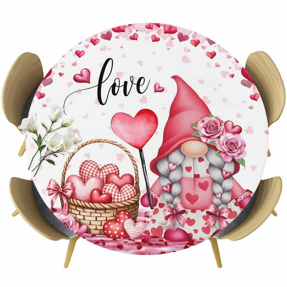 Valentine's Day Round Tablecloth, Fitted Table Cover with Elastic for 45"-54" Round Tables, Pink Love Gnomes Roses Romantic Table Cloth Outdoor Indoor Dinning Party Waterproof Tablecloths