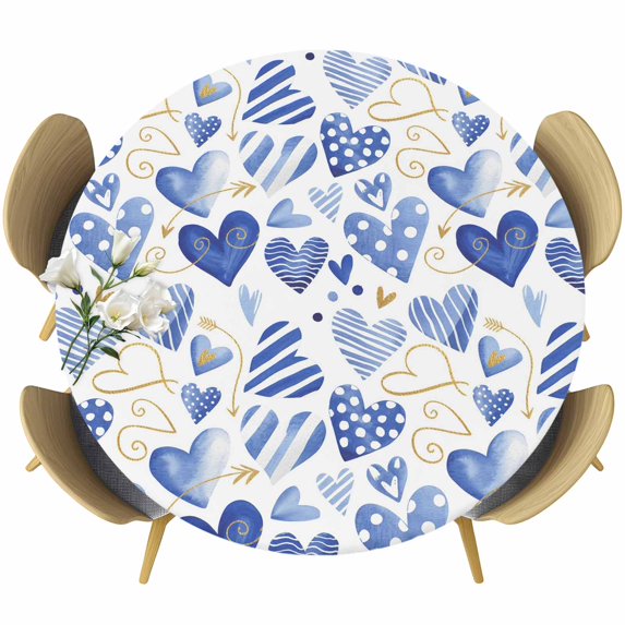 Valentine's Day Round Tablecloth, Fitted Table Cover with Elastic for 55"-60" Round Tables, Blue Heart Love Modern Romantic Minimalist Table Cloth Outdoor Indoor Dinning Party Waterproof Tablecloths