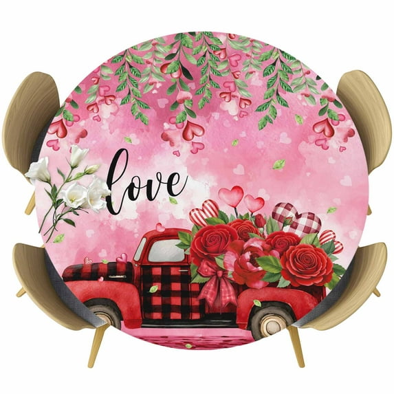 Valentine's Day Round Tablecloth, Fitted Table Cover with Elastic for 55"-60" Round Tables, Red Plaid Truck Love Roses Leaves Pink Table Cloth Outdoor Indoor Dinning Party Waterproof Tablecloths