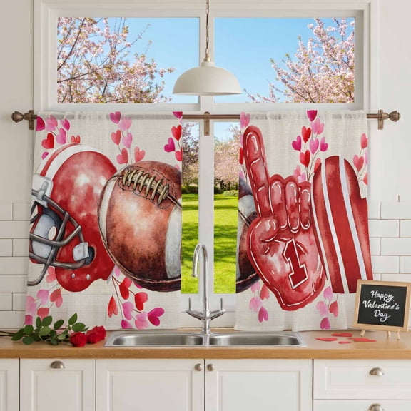 Valentine's Day Rugby Helmet Chiffon Sheer Curtains 54 Inches Long, Pink Love Heart on Linen 2 Rod Pocket Window Treatment Voile Drapes Curtains for Living Room Bedroom,2 Panels, 52x54In