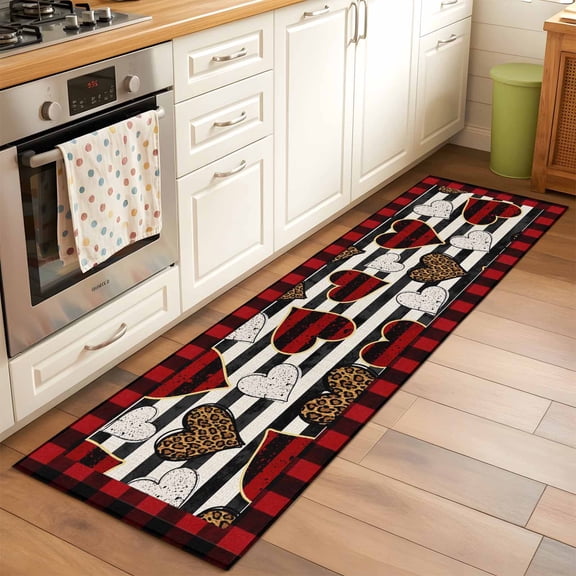 Valentine's Day Runner Rugs 2x6 ft Leopard Print White Love Heart Black Striped Red Plaid Washable Hallway Rugs Non-Slip Floor Mats Absorbent Bedside Runners for Bedroom Kitchen Laundry Room