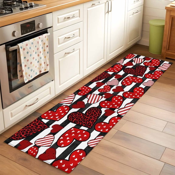 Valentine's Day Runner Rugs 2x6 ft Red Love Heart Leopard Print Black Striped Washable Hallway Rugs Non-Slip Floor Mats Absorbent Carpet Bedside Runners for Bedroom Kitchen Bathroom Laundry Room