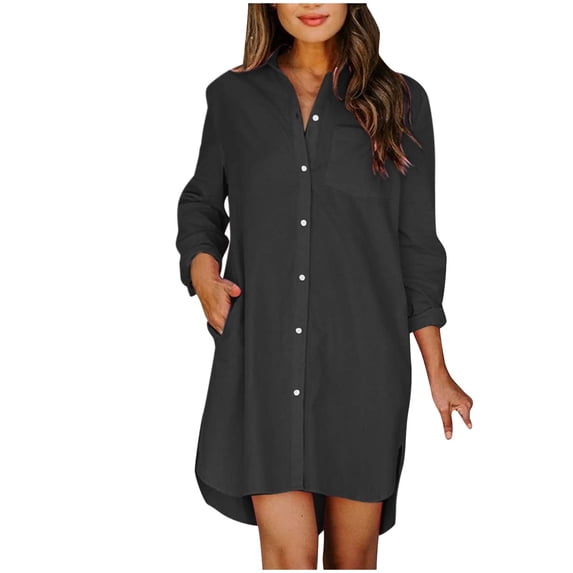 Valentine's Day Savings 2024! TAGOLD Womens Evening Dress,Summer Dress for Womens,Fall Fashion Women Casual Comfortable Solid Color Button Pocket Long Sleeve Turndown Collar Knee-High Dress