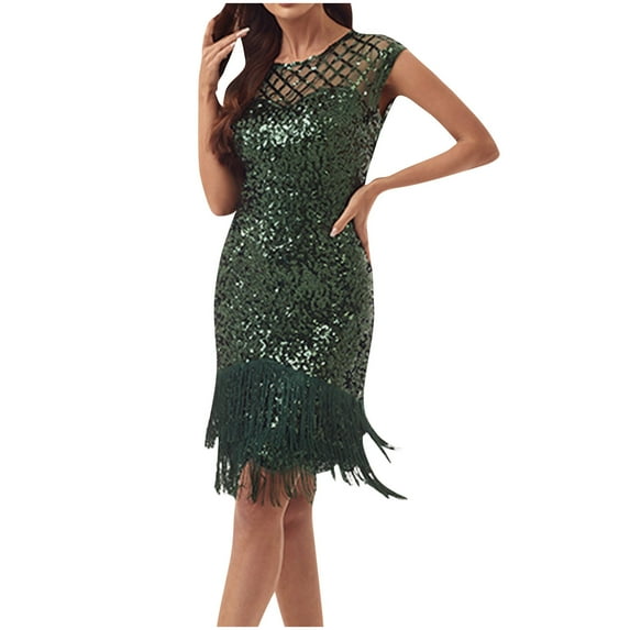TAGOLD Womens Evening Dress,Summer Dress for Womens,Fashion Women Comfortable Casual Sequin Hollow Out Tassels Short Sleeve Round-Neck Knee-High Dress