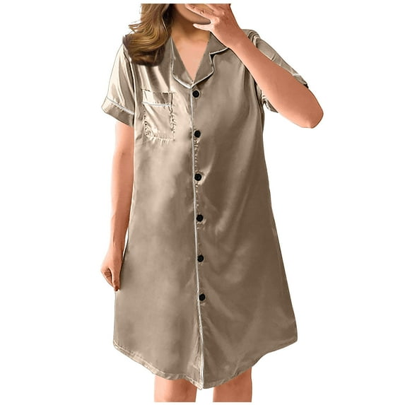 TAGOLD Womens Evening Dress,Summer Dress for Womens,New Women's Solid Color Simulated Silk Shirt Nightwear Loose And Sexy V-neck Short Sleeve Pajamas Home Clothing