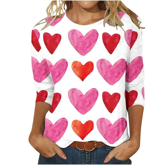Valentine's Day Savings Clearance 2024! TAGOLD Summer Tops for Womens, Women's Fashion Three Quarter Sleeve Retro Round Neck Easter Printed Loose Tops Blouse