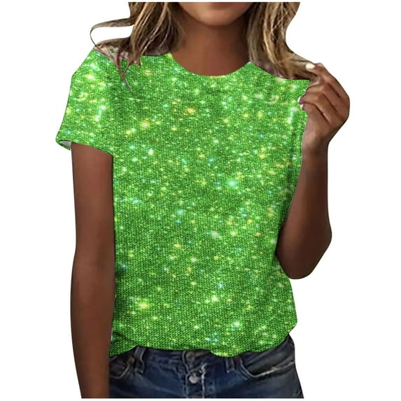 Valentine's Day Savings Clearance 2024! TAGOLD Summer Tops for Womens, Women's Casual Sparkling Crystal Printed Round Neck Short Sleeved Top