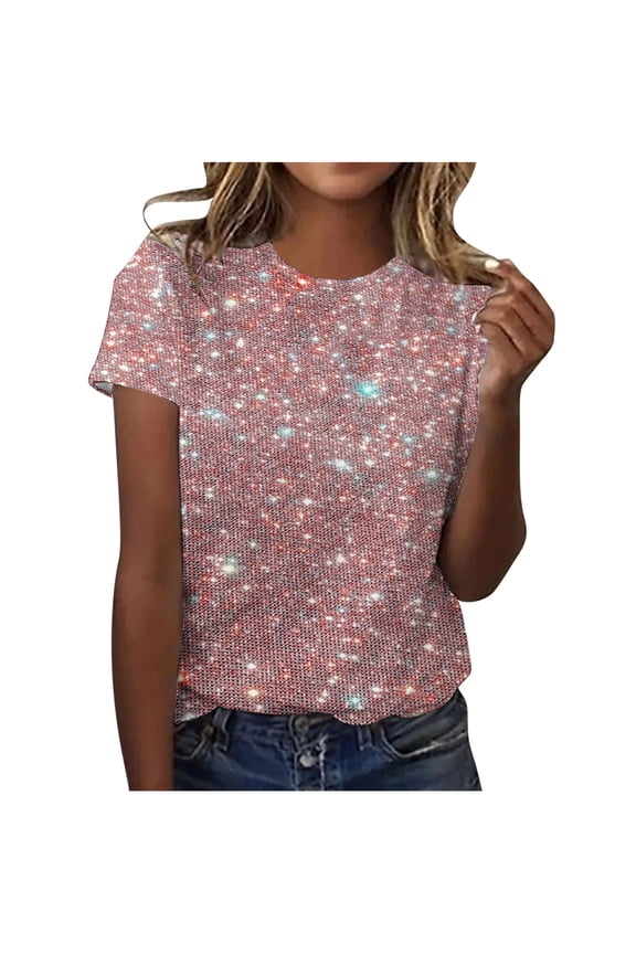 Valentine's Day TAGOLD Summer Tops for Womens, Women's Casual Sparkling Crystal Printed Round Neck Short Sleeved Top