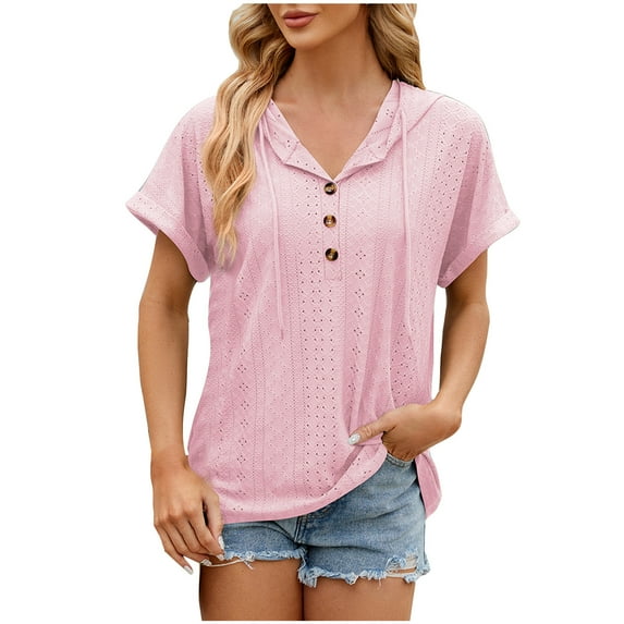 Valentine's Day Savings Clearance 2024! TAGOLD Summer Tops for Womens, Women's V- Neck Hollow Out Recreational Short Sleeve Tops Blouse