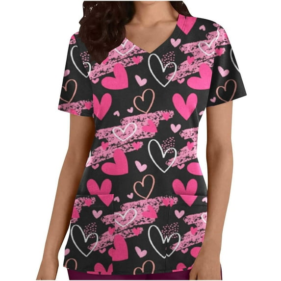 Valentine's Day Savings Clearance 2024! TAGOLD Women Scrub Tops, Print Scrub Tops, Women Valentine Day Short Sleeve V-neck Tops Printed Pockets Blouse Nursing