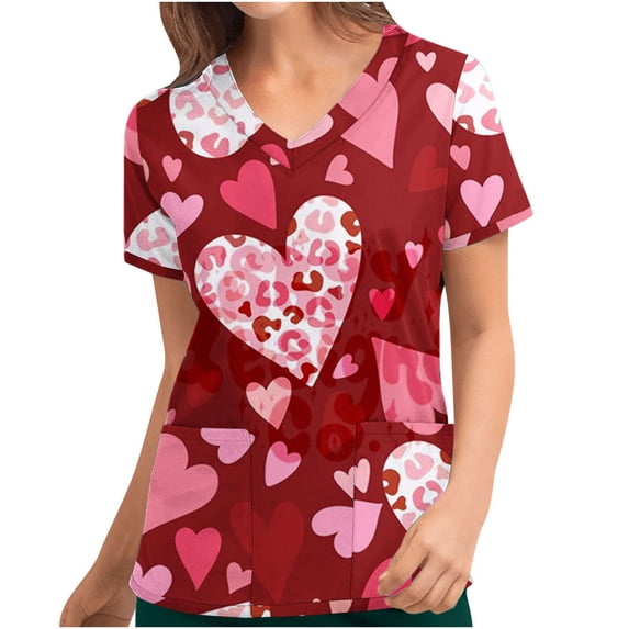 Valentine's Day Savings Clearance 2024! TAGOLD Women Scrub Tops, Print Scrub Tops, Women's Valentine's Day Printed Pocket Short Sleeve V-Neck Nurse Top