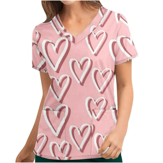 Valentine's Day Savings Clearance 2024! TAGOLD Women Scrub Tops, Print Scrub Tops, Women's Valentine's Day Printed Pocket Short Sleeve V-Neck Nurse Top