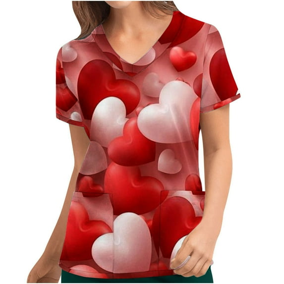 Valentine's Day Savings Clearance 2024! TAGOLD Women Scrub Tops, Print Scrub Tops, Women's Valentine's Day Printed Pocket Short Sleeve V-Neck Nurse Top