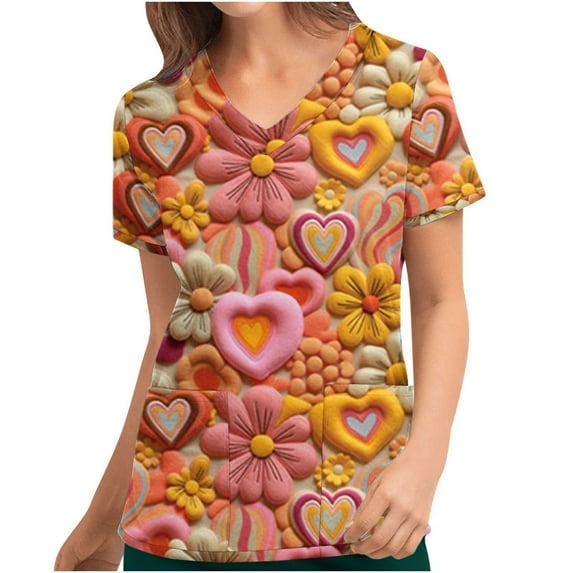 Valentine's Day Savings Clearance 2024! TAGOLD Women Scrub Tops, Print Scrub Tops, Women's Valentine's Day Printed Pocket Short Sleeve V-Neck Nurse Top