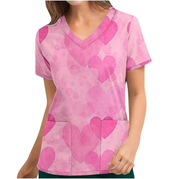 Valentine's Day Savings Clearance 2024! TAGOLD Women Scrub Tops, Print Scrub Tops, Women's Valentine's Day Printed Pocket Short Sleeve V-Neck Nurse Top