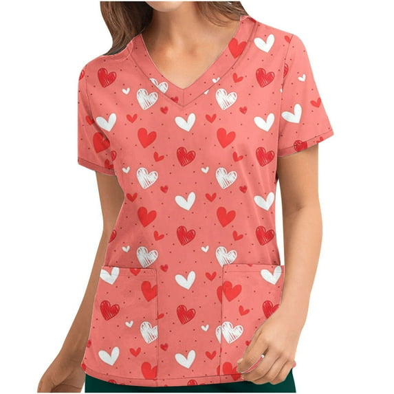 Valentine's Day Savings Clearance 2024! TAGOLD Women Scrub Tops, Print Scrub Tops, Women's Valentine's Day Printed Pocket Short Sleeve V-Neck Nurse Top